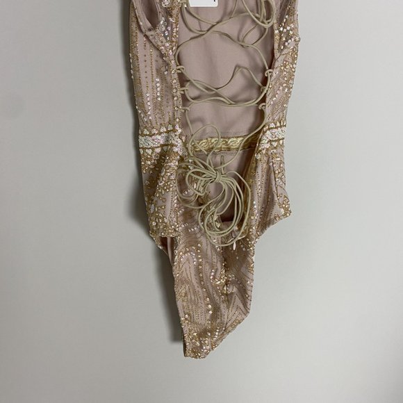 Hello Molly Look At You Bodysuit Champagne Glitter Womens Medium Lace Up Back - Picture 10 of 13